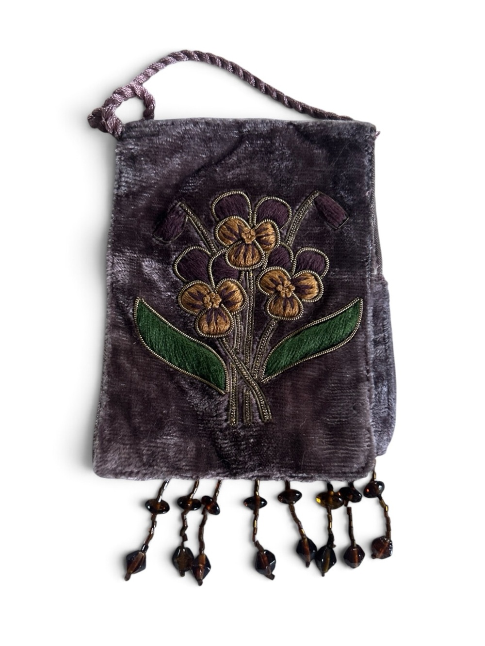 Vintage-Velvet Floral Evening Pouch - Embroidered Pansies Metallic Stitching